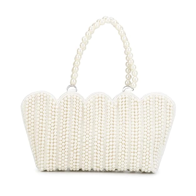 LONGING TO BUY Women's Tote Pearl Clutch Cutest Vintage Style Pearl Tote Wrist Bag Evening Clutch Purse (White Chakri, Zite 10" X 6" Inch)