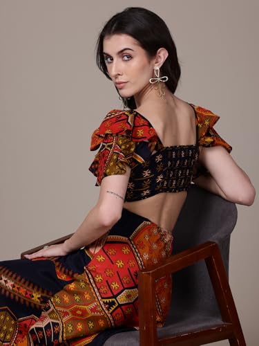 Label RITU KUMAR V Neck Frill Sleeves Printed Long Dress Black