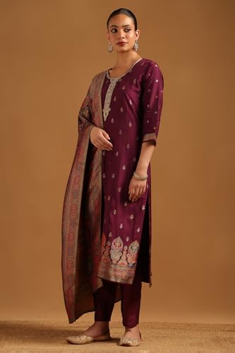 Soch Womens Wine Russian Silk Zari Woven Salwar Suit With Zardosi