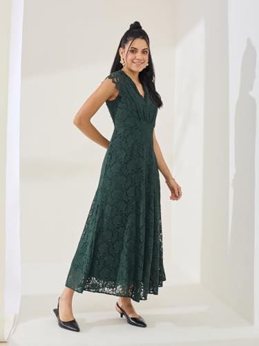Latin Quarters Women's Green Cap Sleeve V-Neck Party A-Line Dress_M