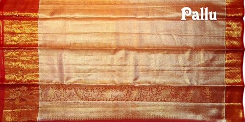 VFCollections Women's Traditional Handloom Kanchipuram Silk Pure Pattu Sarees | Rich Zari Woven Design | Unstitched Blouse (Red.)