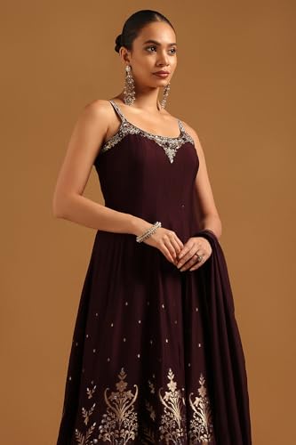 Soch Womens Wine Brocade Zari Woven Salwar Suit With Stone Work