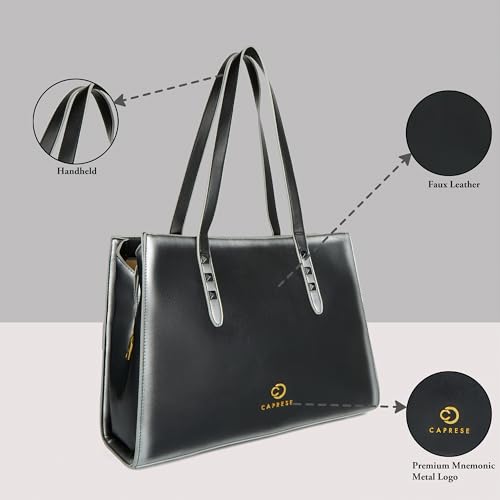 Caprese Dee Large Laptop Compatible Tote Bag for Women with Multi Compartments | Stylish Shoulder Bag with Premium Metal Letter Logo | Perfect for Daily Use Work, Office & Professionals (Black)