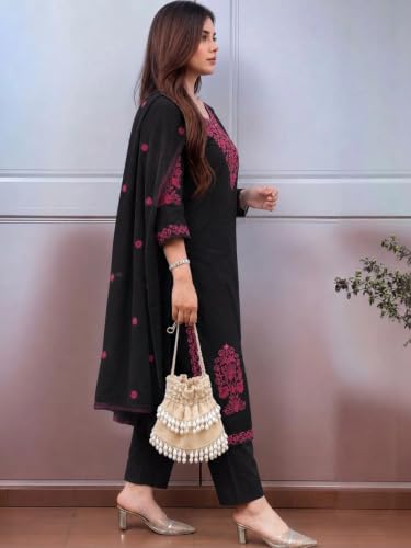 piludi Women embroidered kurta pant with dupatta Set | Ethnic Wear Three Piece kurta set for women (IN, Alpha, L, Regular, Black)