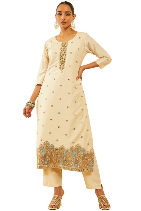 Soch Womens Cream Silk Blend Floral Embroidered Suit Set With Zardosi Work