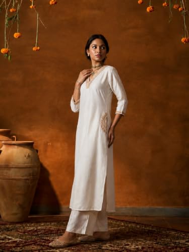 Varanga Women Champagne Beige A Line Kurta Trousers Set V Neck