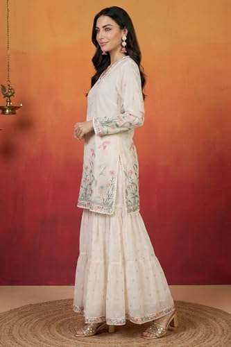Wishful Women's Off White Thread Embroidered Chanderi Straight Kurta with Sharara and Dupatta Set - (SP13782-400520-M)