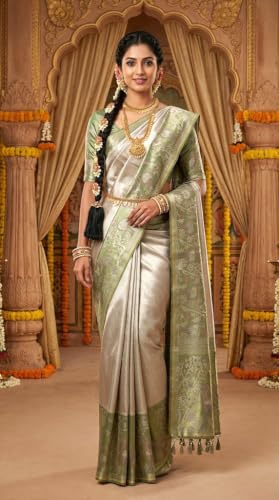 VFCollections Women's Traditional Handloom Kanchipuram Silk Pure Pattu Sarees | Rich Zari Woven Design | Bridal Saree | Unstitched Blouse (Vfc135-8), Pink,Green