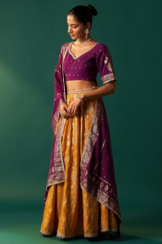 Wishful Women's Purple Embroidered Chanderi Jacquard Blouse with Flared Skirt and Dupatta Set (SP13161-314465-S)