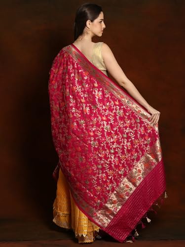 Exotic India Royal Banarasi Brocade Silk Dupatta with Striped Palla and Tassels - Art Silk - Color Fuscia Pink