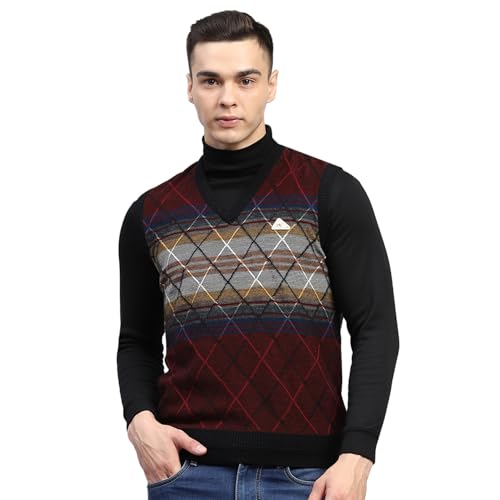 Monte Carlo Mens Self Design Maroon V Neck Sleeveless Sweater (1243215SL-2-44)