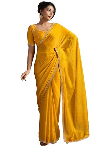 AKHILAM Women's Yellow Chiffon Embellished Saree With Unstitched Blouse Piece (AMELIA13003_SUM)