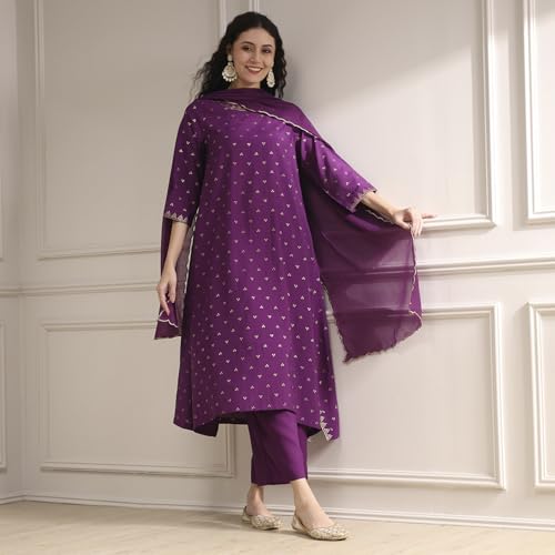 Biba Women Purple Polyseter Blend Straight Printed Kurta Set_46
