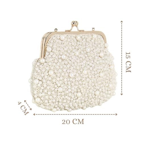 Anekaant Pearl Embellished Pochette Clutch for Women | Ivory Faux Silk Bag for Festive, Wedding & Evening Occasions