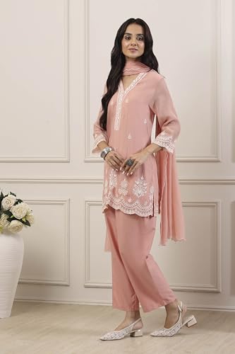 BIBA Women Peach Silk Chanderi Straight Suit Set_42