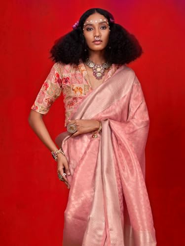 AKHILAM Women's Peach Tissue Ethnic Motif Printed Saree With Unstitched Blouse (KABYAA399005_RJ)