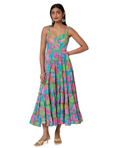 Biba Women Turquoise Cotton Floral Printed Tiered Dress_38