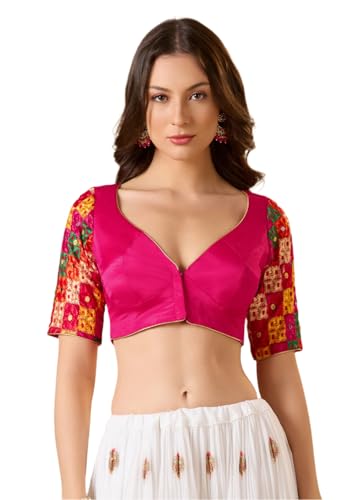 SALWAR STUDIO Pink Chinon Silk Sweetheart Neck Phulkari Readymade Blouse
