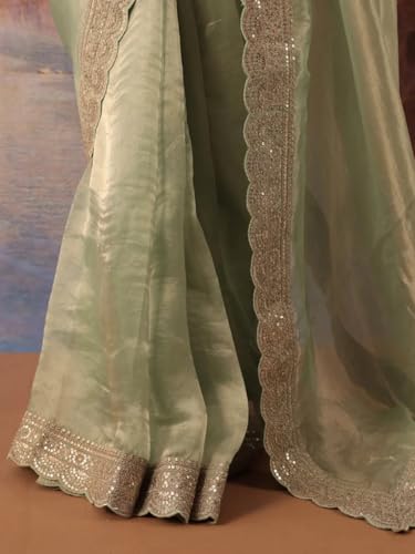 AKHILAM Women's Sea Green Organza Embellished Saree With Unstitched Blouse Piece (BITTI651_JR)