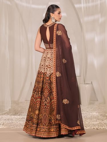 Woman's Printed brown raw silk lehenga choli