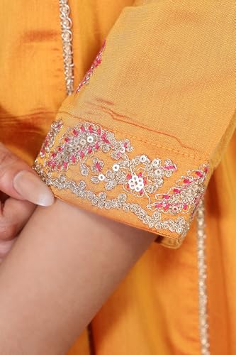 W for Woman Yellow Floral Print Embroidered Anarkali Jacquard Kurta with Straight Pant and Dupatta Set (WS13243-224277-XS)