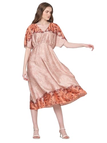 VERO MODA Women Abstract Print Orange Polyester Midi Length Fit and Flare Dress