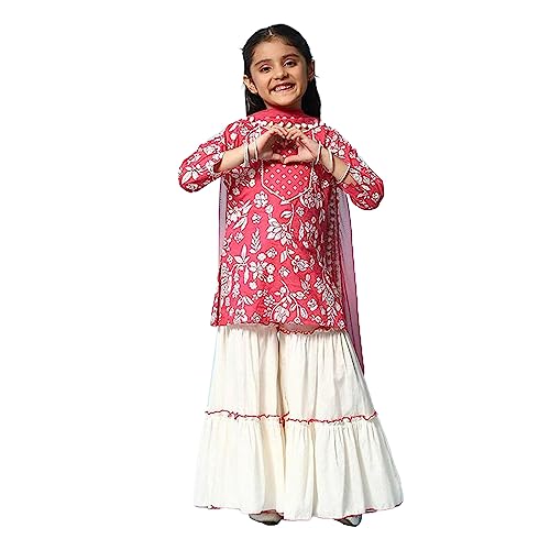 BIBA Printed Cotton Straight Fit Girls Kurta Sharara Dupatta Set (STRAWBERRY PINK, 10-11Y)
