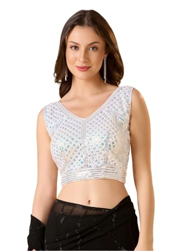 S SALWAR STUDIO White V Neck Pearl Beaded Readymade Blouse