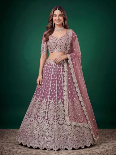 Zeel Clothing Women's Zari Sequins Embroidered Work Soft Net Lehenga Choli With Dupatta (6013-Purple-Womens-Lehenga-Choli-New; Free size)
