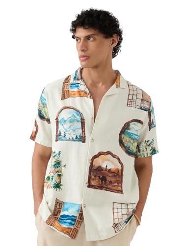 The Souled Store Vintage Pane Men and Boys Short Sleeve Spread Collar Off White All Over Print Easy to Style Casual Funky Lightweight Regular Fit Cotton Holiday Shirt
