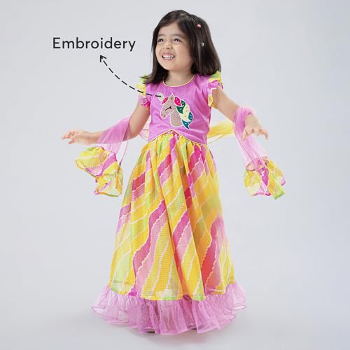 Hopscotch Girls Short Sleeves Yellow 3-Pc Embroidered Lehenga Set For Ages (5-6 Years)