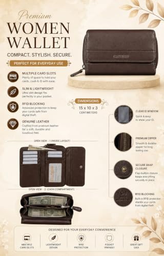 Calfnero Zodiac Women's Genuine Leather Large Zip-Around Wallet - RFID Blocking Clutch Purse | Organizer with 7 Card Slots, ID Window & 2 Secure Compartments - Dark Brown