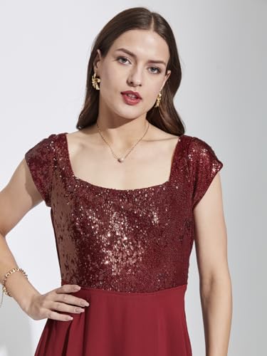 Latin Quarters Women Maroon Square Neck Cap Sleeves Solid Maxi Fit & Flare Dress L