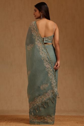 Soch Womens Green Linen Floral Printed Zari Embroidered Saree