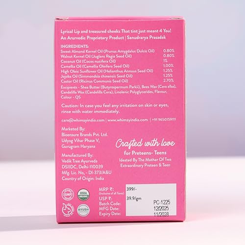 Whimsy Beauty Pink Crush Lip and Cheek Tint for Kids and Pre-Teens, Soft Blendable Colour with Lightweight Cream Texture, Long Wear Finish (4 to 16 years) Organic, Natural, Chemical Free, 10 gms
