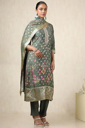 Soch Womens Olive Brocade Floral Chudidar Set With Zari