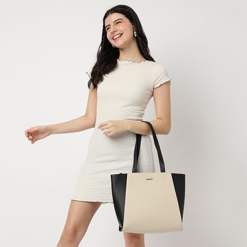 Fastrack Women Colorblocked Tote Bag | Fits Upto 14" Laptop | Spacious Main Compartment with Zip Closure, Inner Zip and Slip Pockets | Comfortable Shoulder Straps | Stylish and Trendy Design