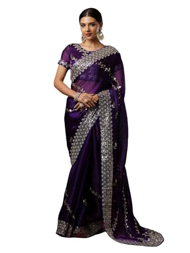 Satrani Women's Tissue Silk Sequence Embroidery Work Scalloped Border Saree with Unstitched Blouse Piece (3905S154N_Midnight Purple)