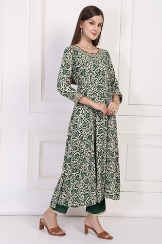 W for Woman Green Printed Block Print Embellished Anarkali Kurta with Straight Pant and Dupatta Set (WS13177-126083-L)