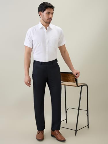 Raymond Men Regular Fit Solid Piece Dyed Pattern Pure Cotton Semi Cutaway Collar Half Sleeve Formal Shirt White