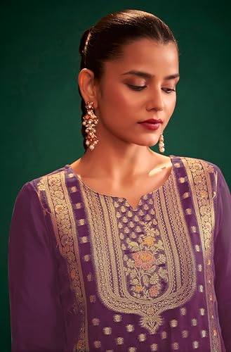 Janasya Women's Purple Organza Jacquard Straight Kurta Set (JAB24ST02276-XL)