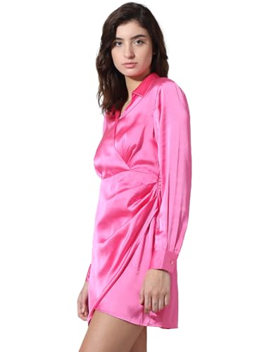 ONLY Women Solid Polyester Above Knee Pink Wrap Dress