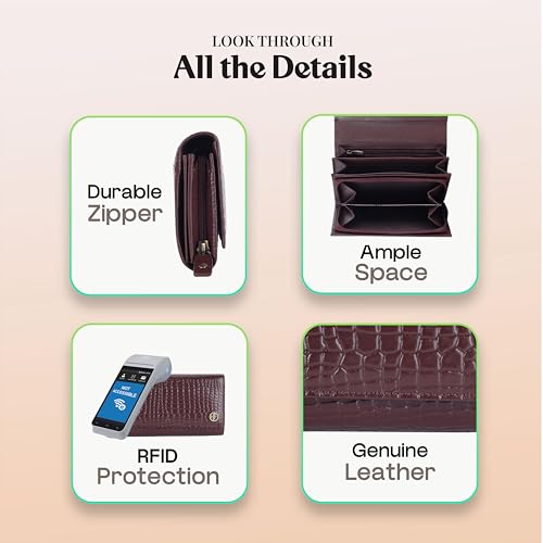 HAMMONDS FLYCATCHER Genuine Leather Wallet for Woman with 8 Card Slots - Clutch Purse for Women, Ladies Wallet for Women Stylish, Ladies Purse for Women Wallet - Croc Redwood