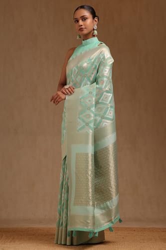 Soch Womens Light Green Linen Zari Woven Saree With Zari Woven