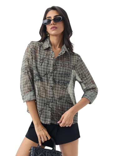 The Souled Store Sheer Shirt: Mystique Women and Girls Full Sleeves Spread Collar Grey Graphic Printed Polyester Regular Fit Lightweight Sheer Casual Shirt