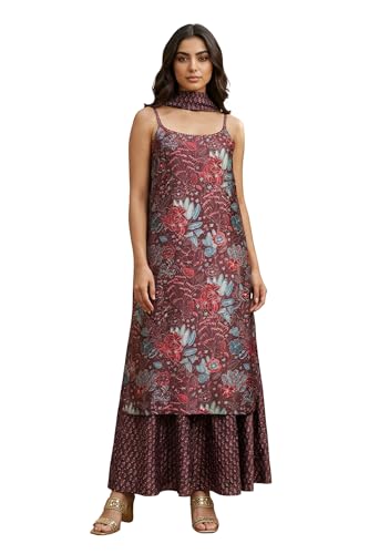 W for Woman Maroon Floral Printed Japanese Satin A-line Kurta with Sharara and Dupatta Set - (WS13585-126545-M)
