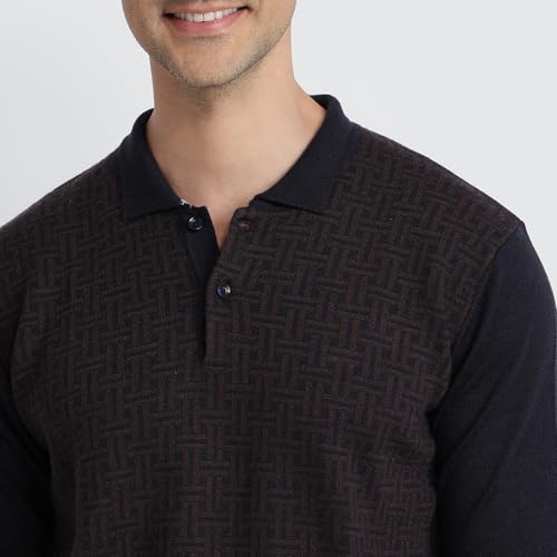 Raymond Men Contemporary Fit Structure Pattern Merino Wool Acrylic Blend Polo Neck Full Sleeve Casual Sweater Blue