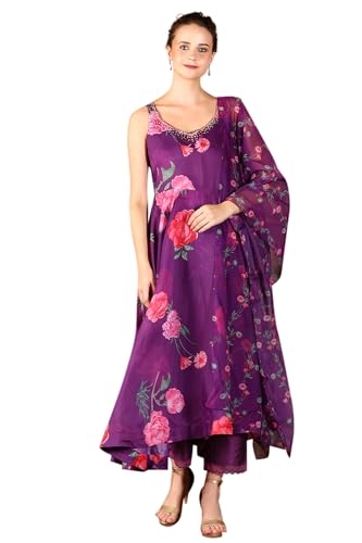 W for Woman Purple Floral Printed Sequined Circular Flared Kurta, Pants and Dupatta Set (Size: S)-24AUWS11565-124167