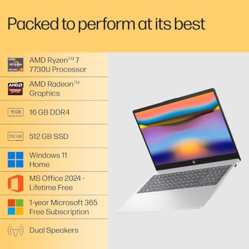 HP 15 Laptop, AMD Ryzen 7 7730U (16GB DDR4,512GB SSD) Anti-Glare, Micro-Edge,15.6''/39.6cm, FHD, Win11, M365 Basic(1yr),Office Home24,Silver,1.59kg,FHD Camera w/Privacy Shutter, Backlit KB, fc0761AU