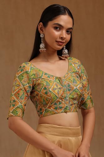 Soch Womens Olive Satin Ethnic Motif Padded Blouse with Sequins